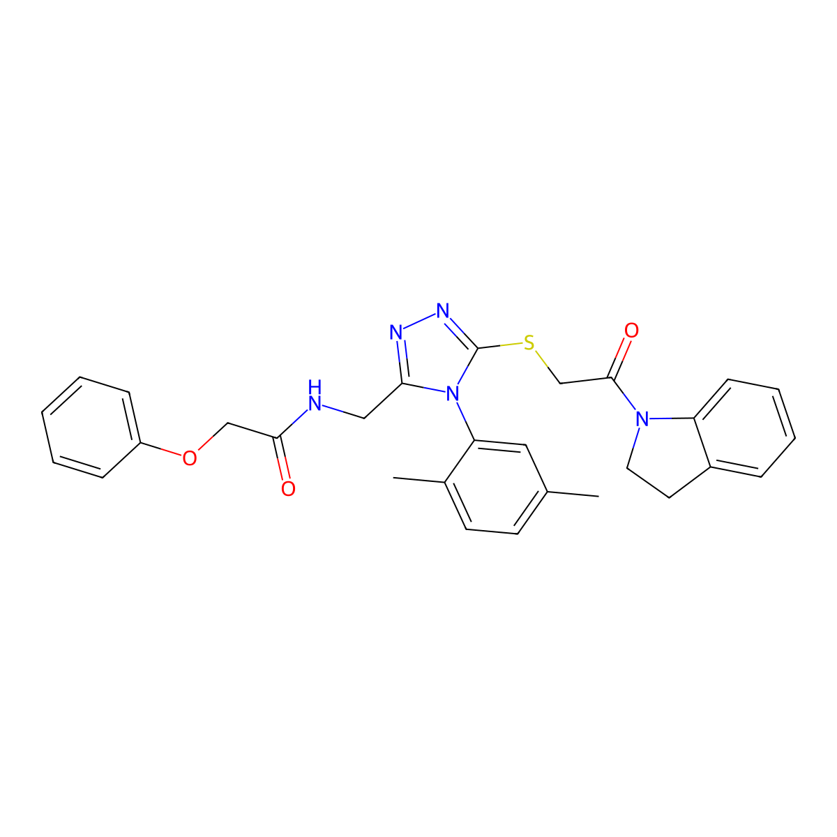 N-((4-(2,5-dimethylphenyl)-5-((2-(indolin-1-yl)-2-oxoethyl)thio)-4H-1,2,4-triazol-3-yl)methyl)-2-phenoxyacetamide molecular structure, CAS 310449-52-6