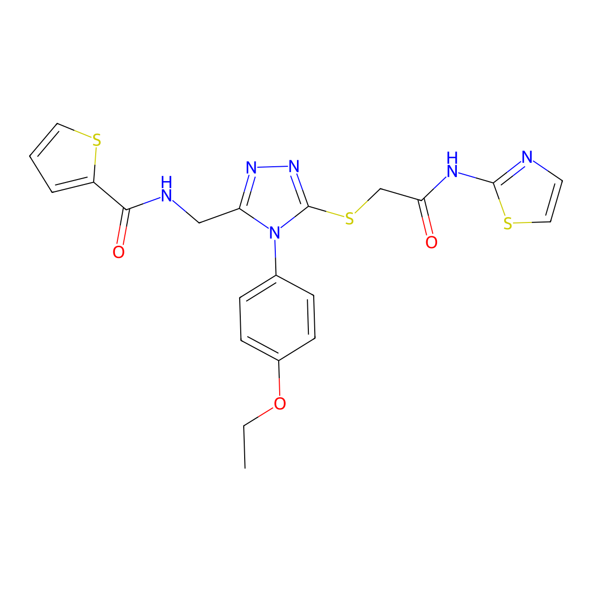 N-((4-(4-ethoxyphenyl)-5-((2-oxo-2-(thiazol-2-ylamino)ethyl)thio)-4H-1,2,4-triazol-3-yl)methyl)thiophene-2-carboxamide molecular structure, CAS 310449-59-3
