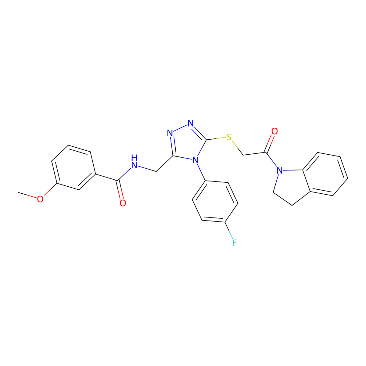 N-((4-(4-fluorophenyl)-5-((2-(indolin-1-yl)-2-oxoethyl)thio)-4H-1,2,4-triazol-3-yl)methyl)-3-methoxybenzamide molecular structure, CAS 310449-62-8