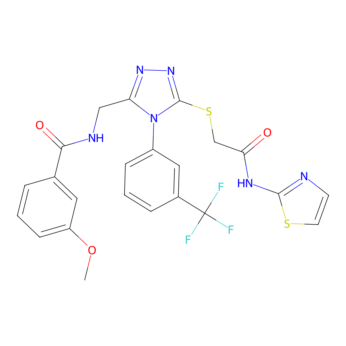 3-methoxy-N-((5-((2-oxo-2-(thiazol-2-ylamino)ethyl)thio)-4-(3-(trifluoromethyl)phenyl)-4H-1,2,4-triazol-3-yl)methyl)benzamide molecular structure, CAS 310449-63-9