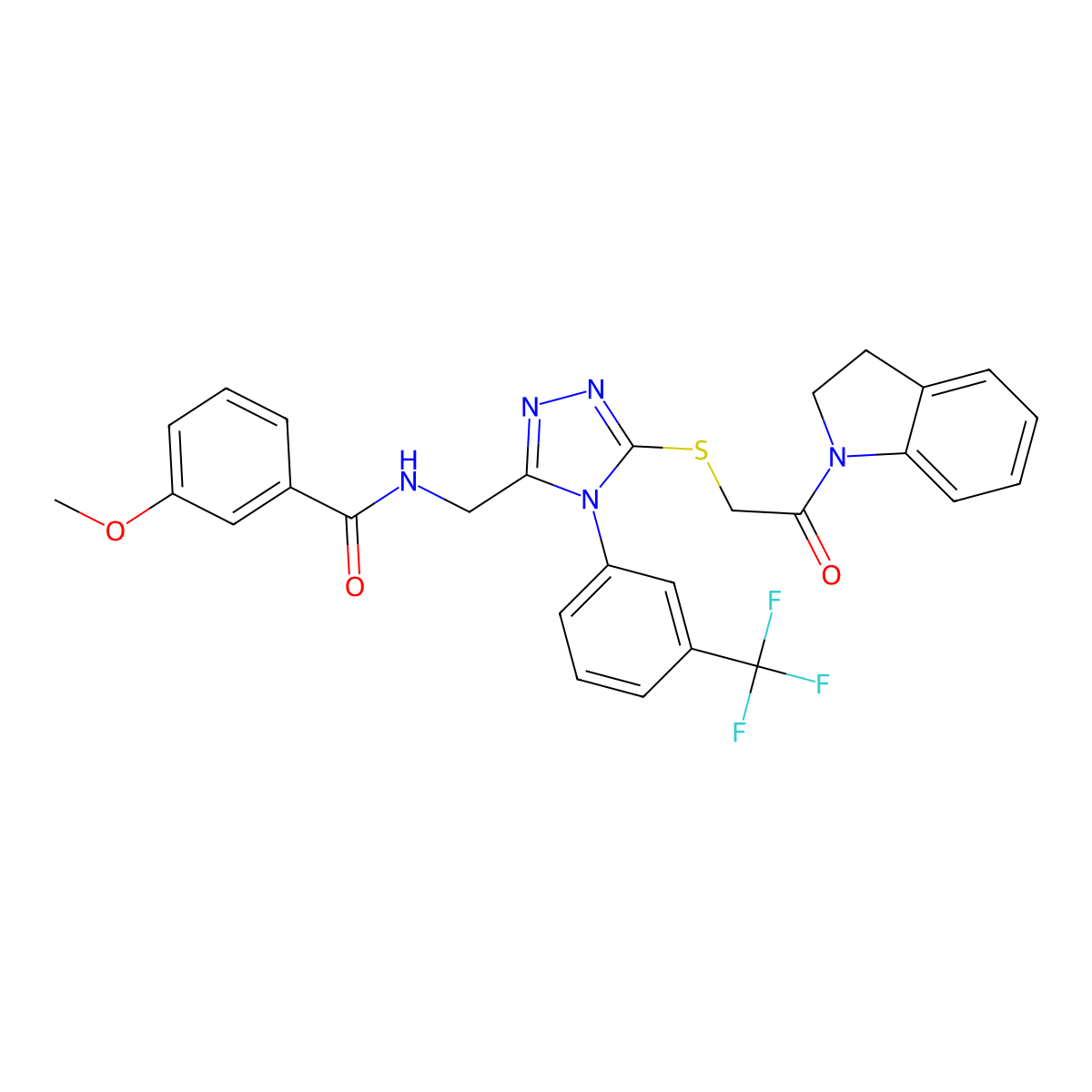 N-((5-((2-(indolin-1-yl)-2-oxoethyl)thio)-4-(3-(trifluoromethyl)phenyl)-4H-1,2,4-triazol-3-yl)methyl)-3-methoxybenzamide molecular structure, CAS 310449-64-0