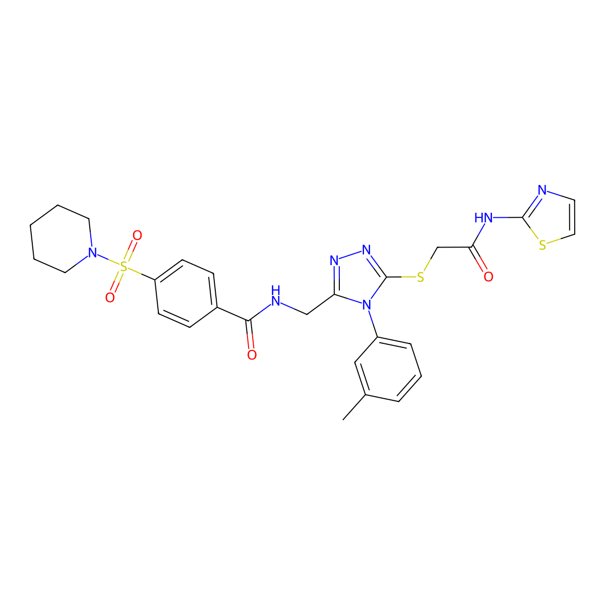 N-((5-((2-oxo-2-(thiazol-2-ylamino)ethyl)thio)-4-(m-tolyl)-4H-1,2,4-triazol-3-yl)methyl)-4-(piperidin-1-ylsulfonyl)benzamide molecular structure, CAS 310449-65-1