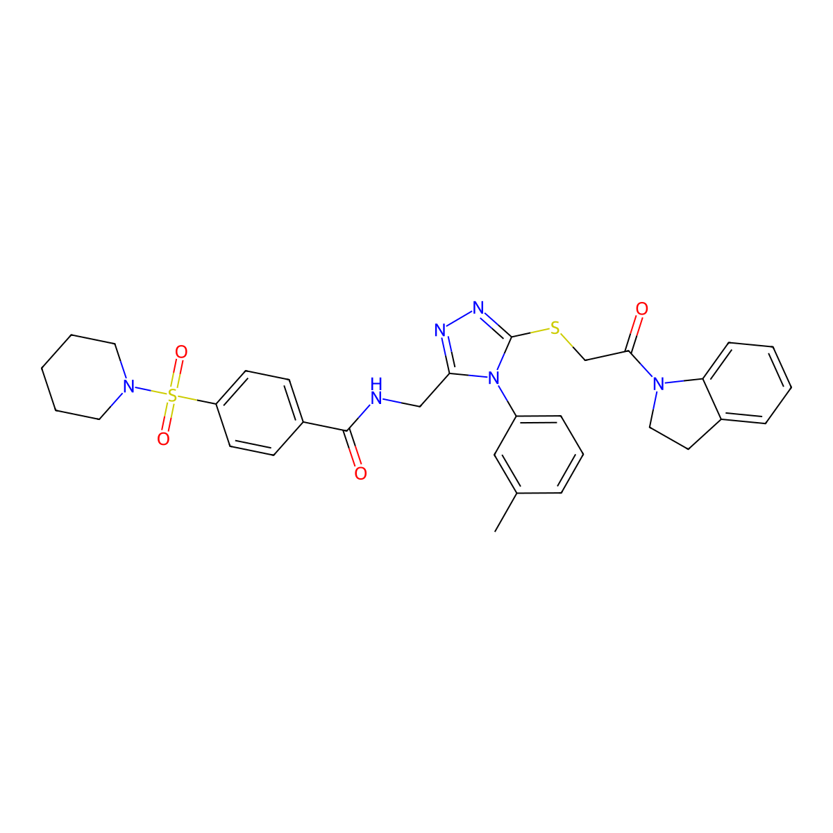 N-((5-((2-(indolin-1-yl)-2-oxoethyl)thio)-4-(m-tolyl)-4H-1,2,4-triazol-3-yl)methyl)-4-(piperidin-1-ylsulfonyl)benzamide molecular structure, CAS 310449-66-2