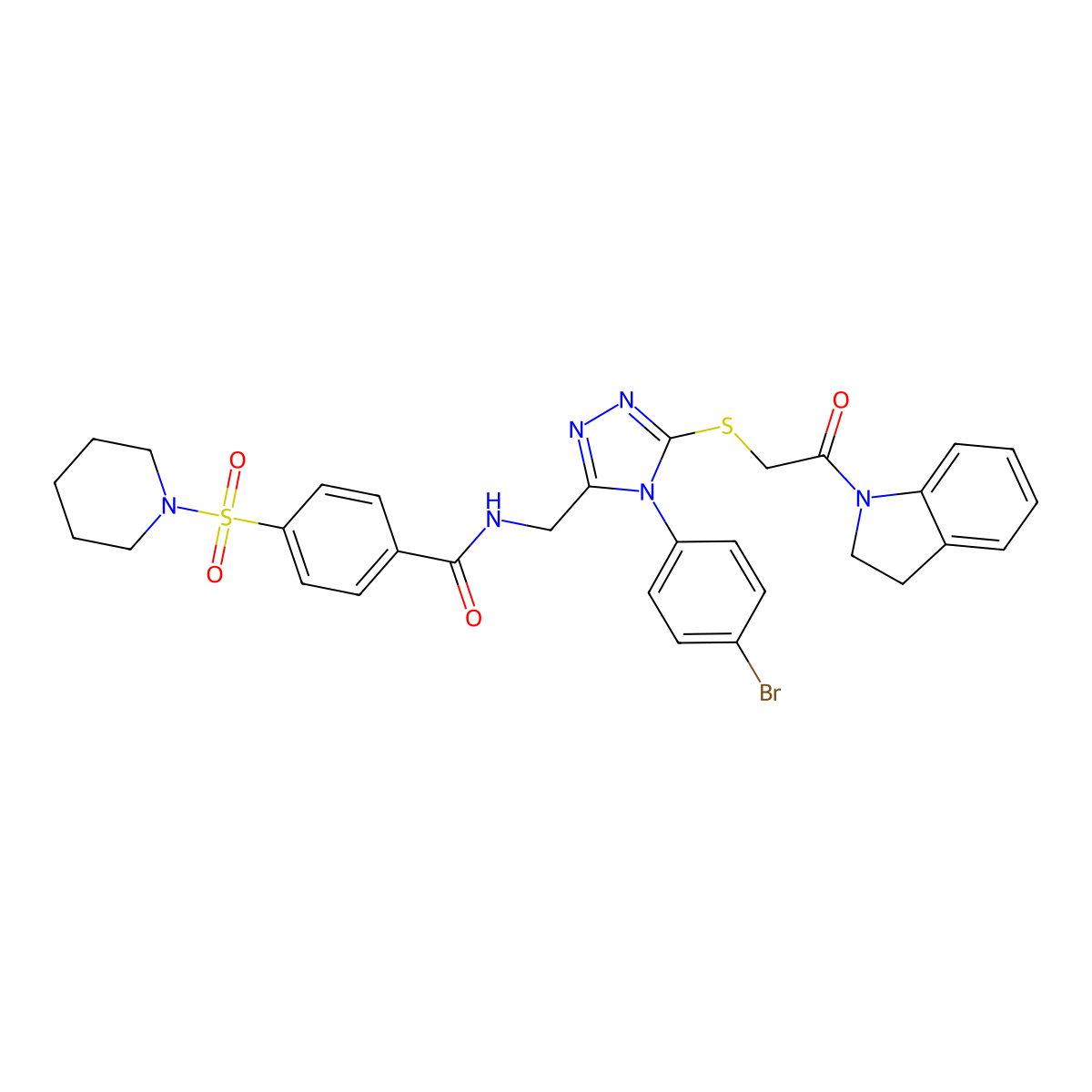 N-((4-(4-bromophenyl)-5-((2-(indolin-1-yl)-2-oxoethyl)thio)-4H-1,2,4-triazol-3-yl)methyl)-4-(piperidin-1-ylsulfonyl)benzamide molecular structure, CAS 310449-68-4