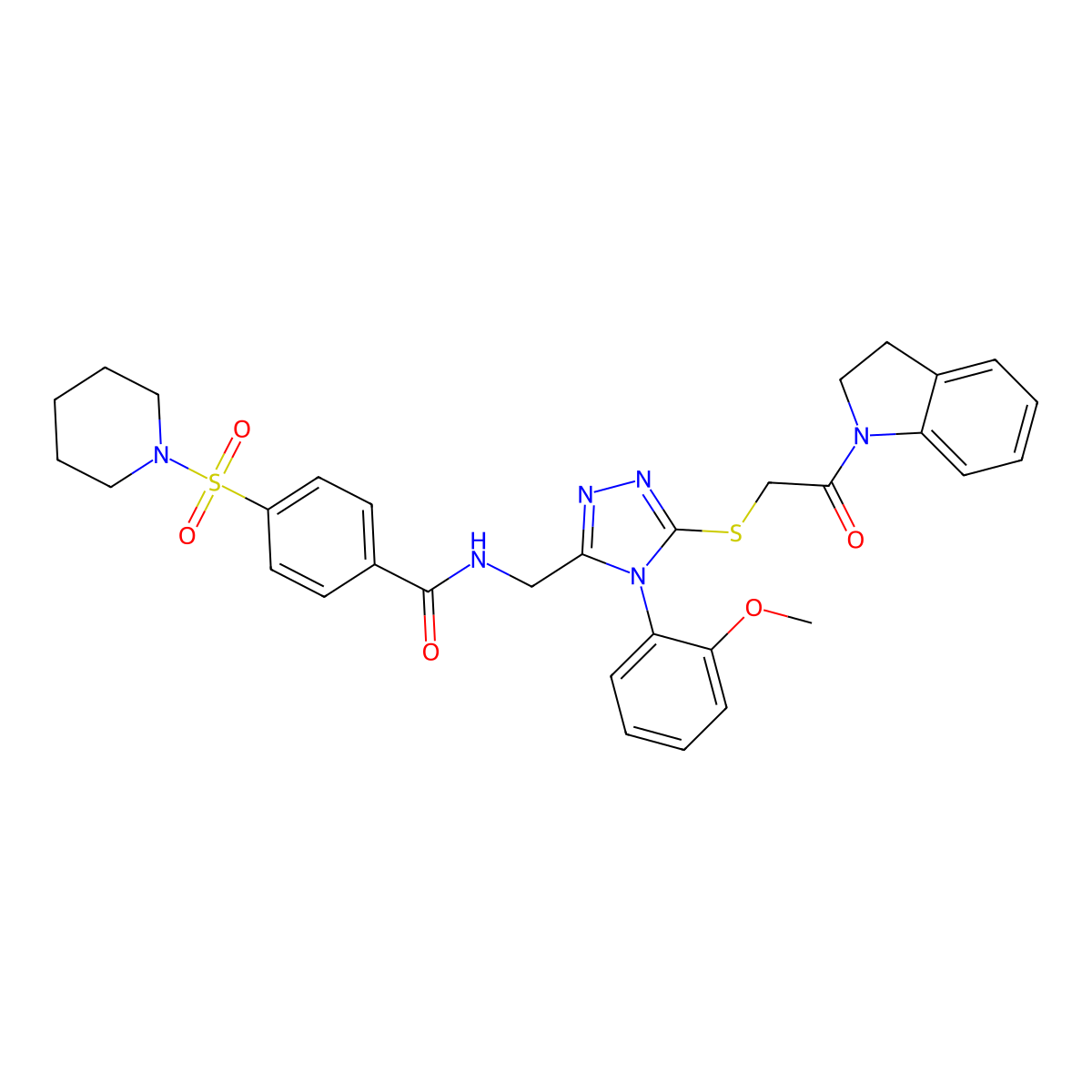 N-((5-((2-(indolin-1-yl)-2-oxoethyl)thio)-4-(2-methoxyphenyl)-4H-1,2,4-triazol-3-yl)methyl)-4-(piperidin-1-ylsulfonyl)benzamide molecular structure, CAS 310449-72-0