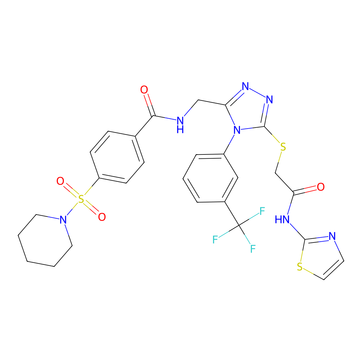 N-((5-((2-oxo-2-(thiazol-2-ylamino)ethyl)thio)-4-(3-(trifluoromethyl)phenyl)-4H-1,2,4-triazol-3-yl)methyl)-4-(piperidin-1-ylsulfonyl)benzamide molecular structure, CAS 310449-73-1