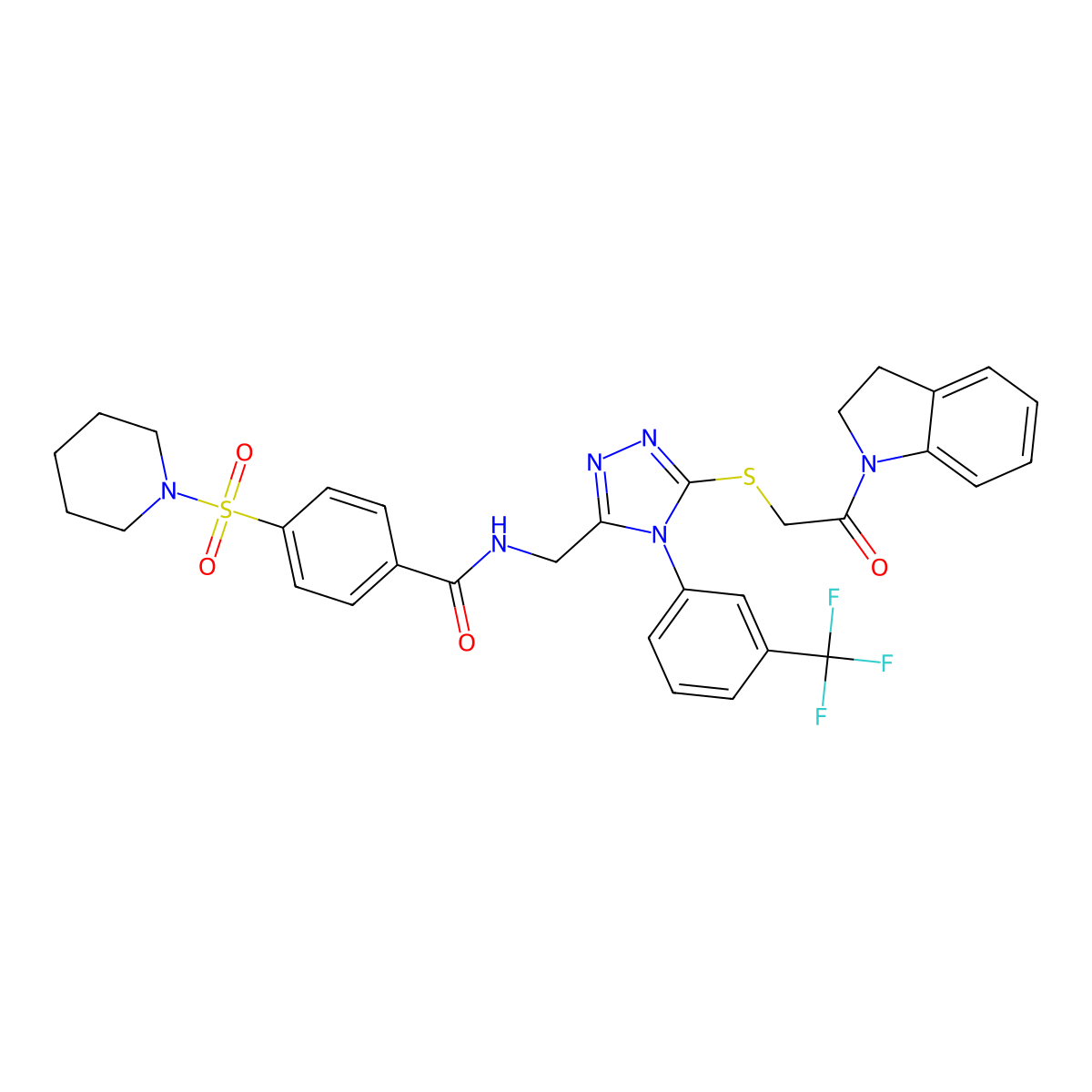 N-((5-((2-(indolin-1-yl)-2-oxoethyl)thio)-4-(3-(trifluoromethyl)phenyl)-4H-1,2,4-triazol-3-yl)methyl)-4-(piperidin-1-ylsulfonyl)benzamide molecular structure, CAS 310449-74-2