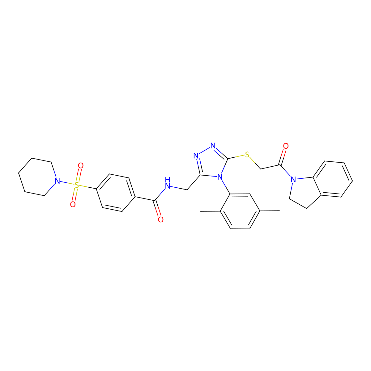 N-((4-(2,5-dimethylphenyl)-5-((2-(indolin-1-yl)-2-oxoethyl)thio)-4H-1,2,4-triazol-3-yl)methyl)-4-(piperidin-1-ylsulfonyl)benzamide molecular structure, CAS 310449-76-4