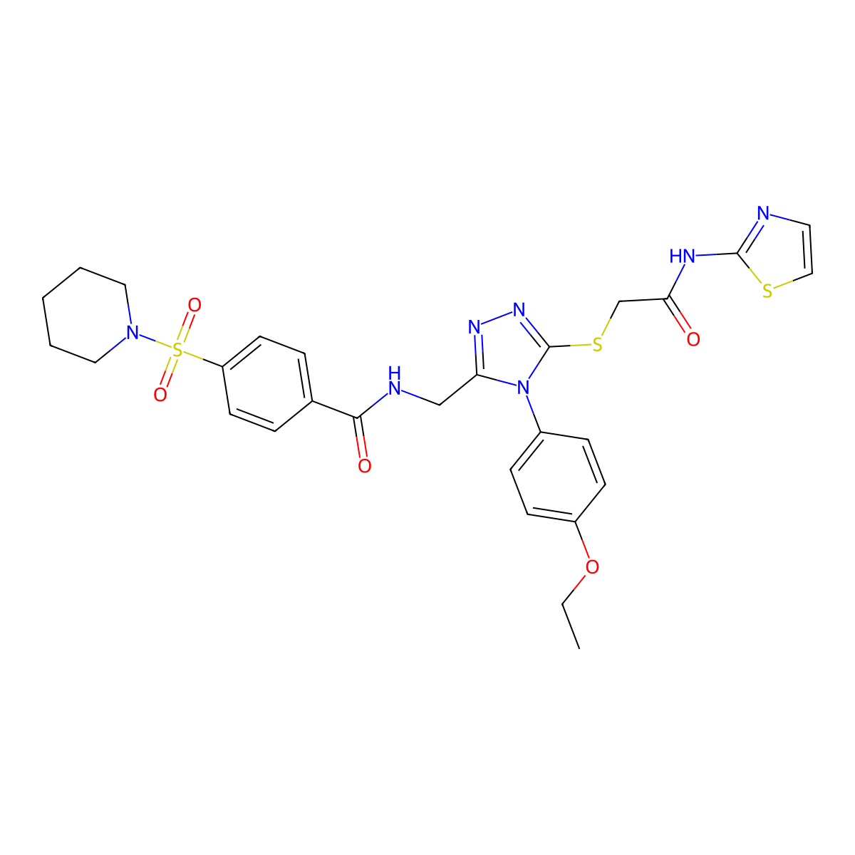 N-((4-(4-ethoxyphenyl)-5-((2-oxo-2-(thiazol-2-ylamino)ethyl)thio)-4H-1,2,4-triazol-3-yl)methyl)-4-(piperidin-1-ylsulfonyl)benzamide molecular structure, CAS 310449-77-5