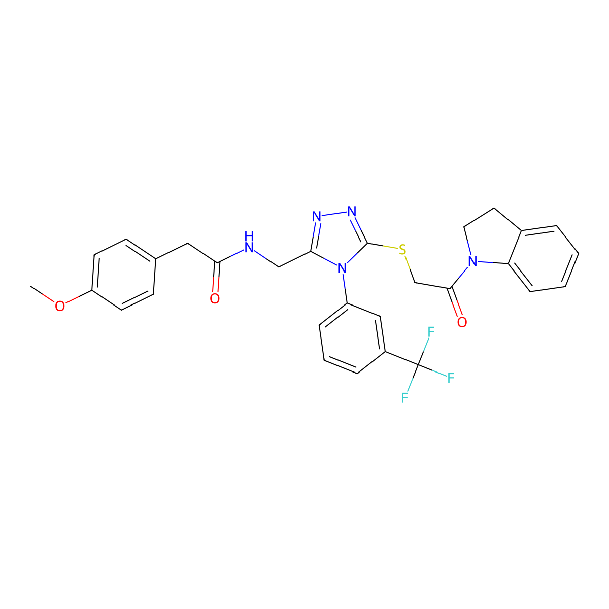 N-[[5-[2-(2,3-dihydroindol-1-yl)-2-oxoethyl]sulfanyl-4-[3-(trifluoromethyl)phenyl]-1,2,4-triazol-3-yl]methyl]-2-(4-methoxyphenyl)acetamide molecular structure, CAS 310449-78-6