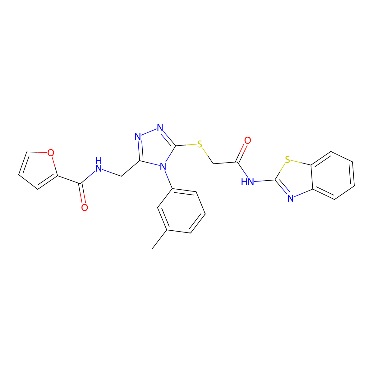 N-((5-((2-(benzo[d]thiazol-2-ylamino)-2-oxoethyl)thio)-4-(m-tolyl)-4H-1,2,4-triazol-3-yl)methyl)furan-2-carboxamide molecular structure, CAS 310449-82-2