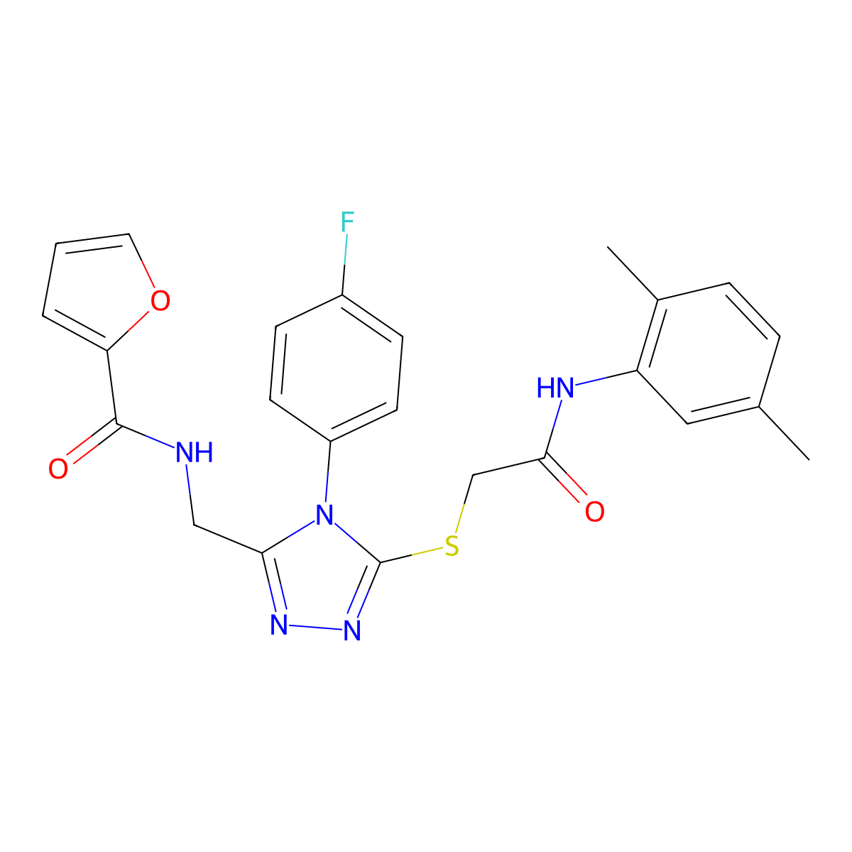 N-((5-((2-((2,5-dimethylphenyl)amino)-2-oxoethyl)thio)-4-(4-fluorophenyl)-4H-1,2,4-triazol-3-yl)methyl)furan-2-carboxamide molecular structure, CAS 310449-89-9