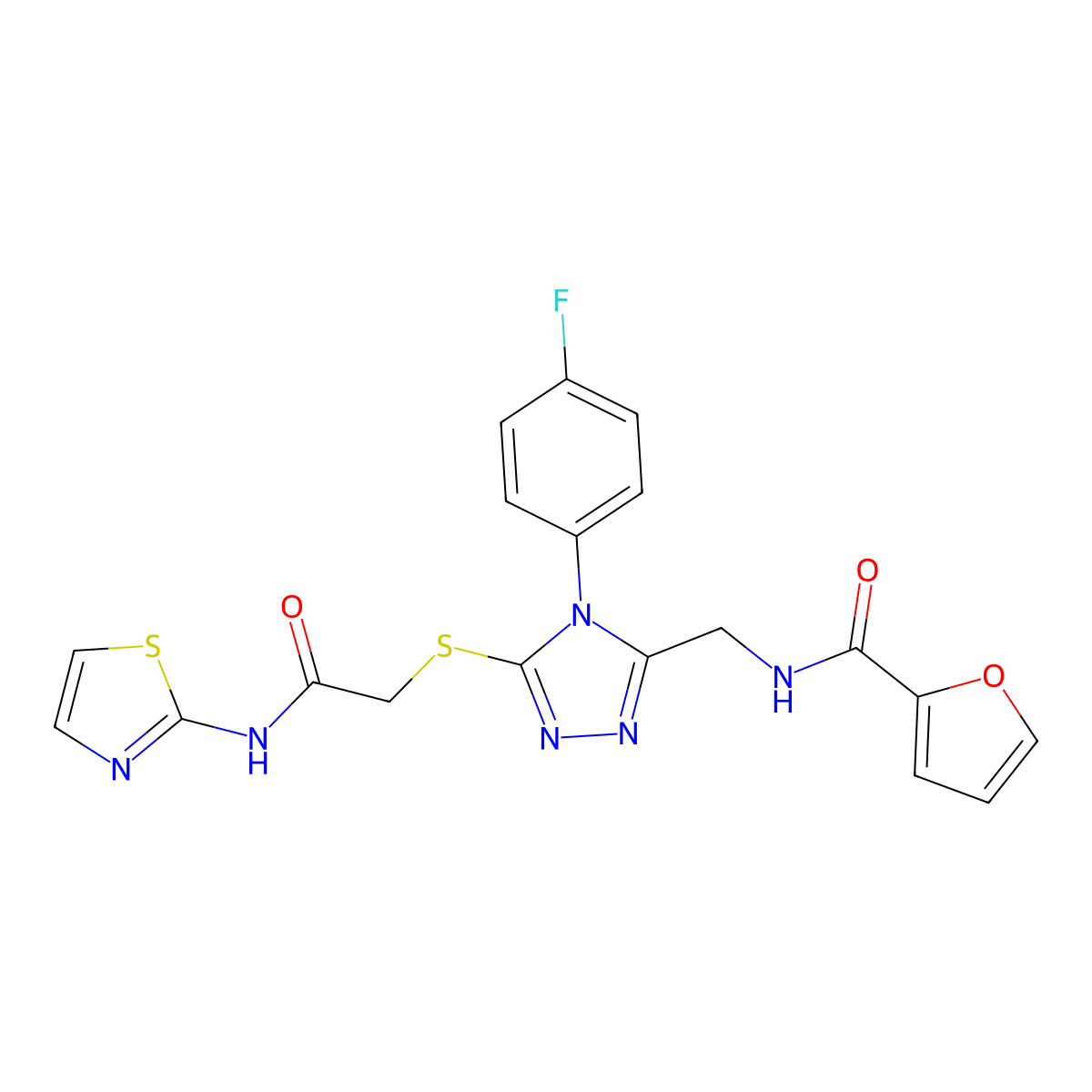 N-{[4-(4-fluorophenyl)-5-({[(1,3-thiazol-2-yl)carbamoyl]methyl}sulfanyl)-4H-1,2,4-triazol-3-yl]methyl}furan-2-carboxamide molecular structure, CAS 310449-93-5