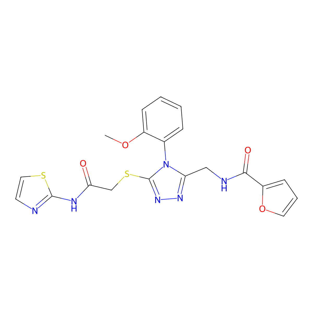 N-((4-(2-methoxyphenyl)-5-((2-oxo-2-(thiazol-2-ylamino)ethyl)thio)-4H-1,2,4-triazol-3-yl)methyl)furan-2-carboxamide molecular structure, CAS 310450-00-1