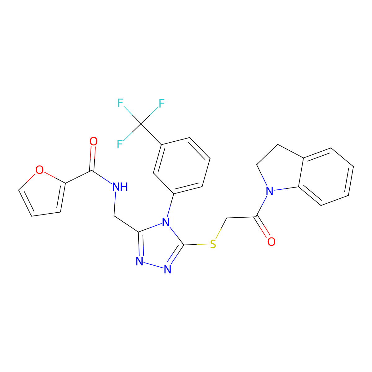 N-((5-((2-(indolin-1-yl)-2-oxoethyl)thio)-4-(3-(trifluoromethyl)phenyl)-4H-1,2,4-triazol-3-yl)methyl)furan-2-carboxamide molecular structure, CAS 310450-59-0