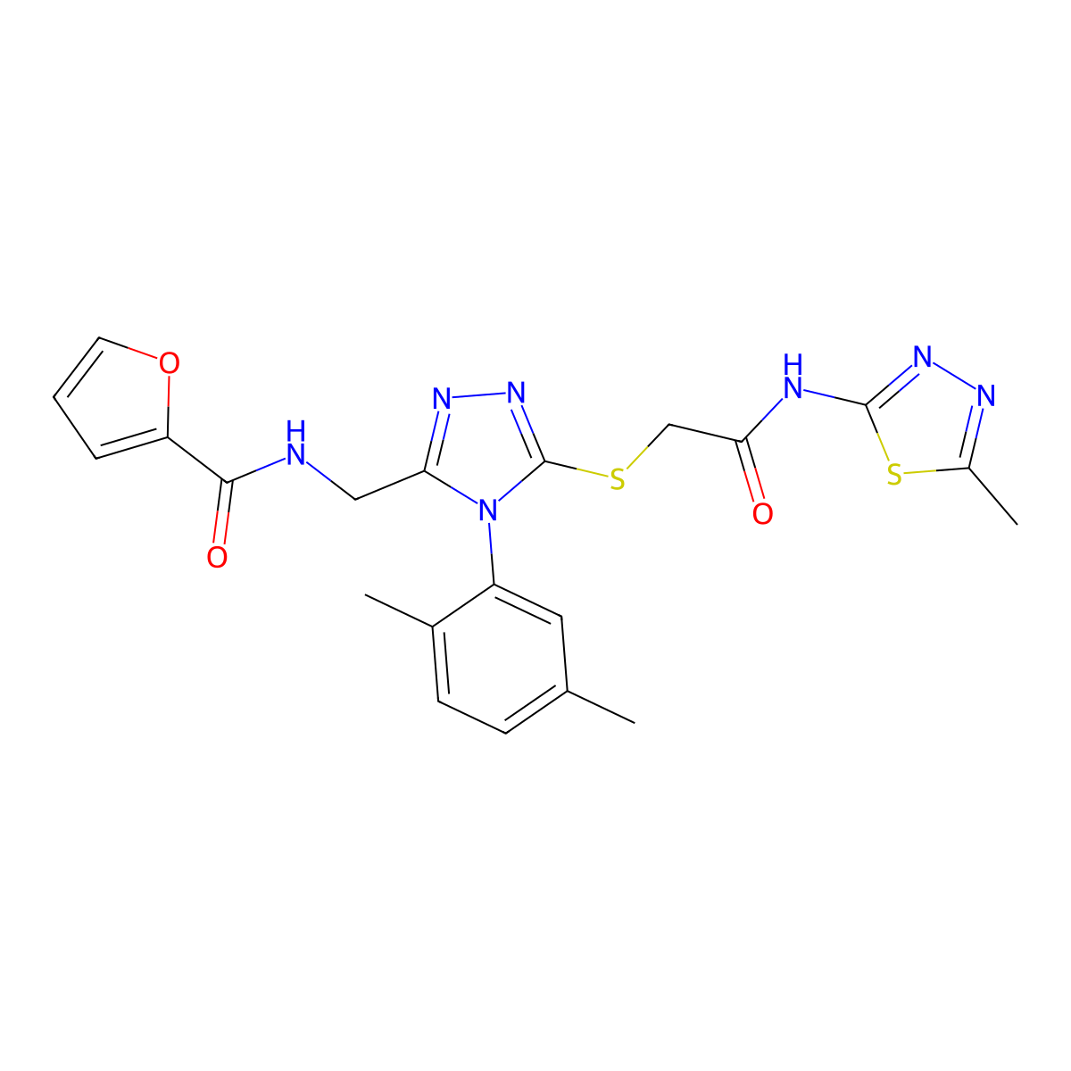 N-((4-(2,5-dimethylphenyl)-5-((2-((5-methyl-1,3,4-thiadiazol-2-yl)amino)-2-oxoethyl)thio)-4H-1,2,4-triazol-3-yl)methyl)furan-2-carboxamide molecular structure, CAS 310450-65-8