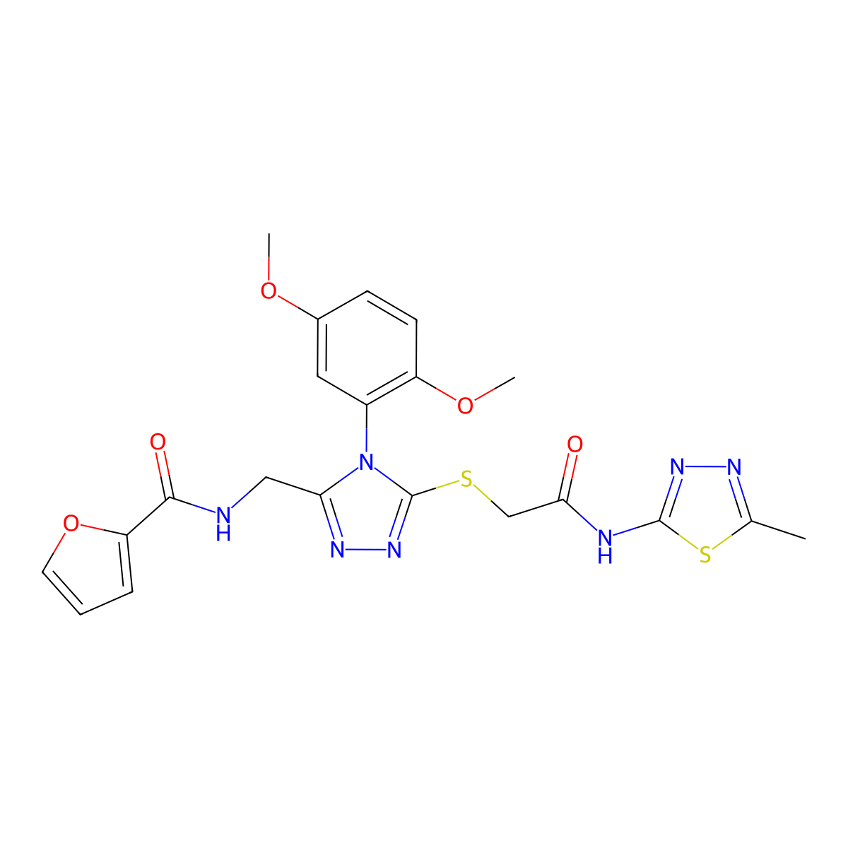 N-{[4-(2,5-dimethoxyphenyl)-5-({[(5-methyl-1,3,4-thiadiazol-2-yl)carbamoyl]methyl}sulfanyl)-4H-1,2,4-triazol-3-yl]methyl}furan-2-carboxamide molecular structure, CAS 310450-71-6