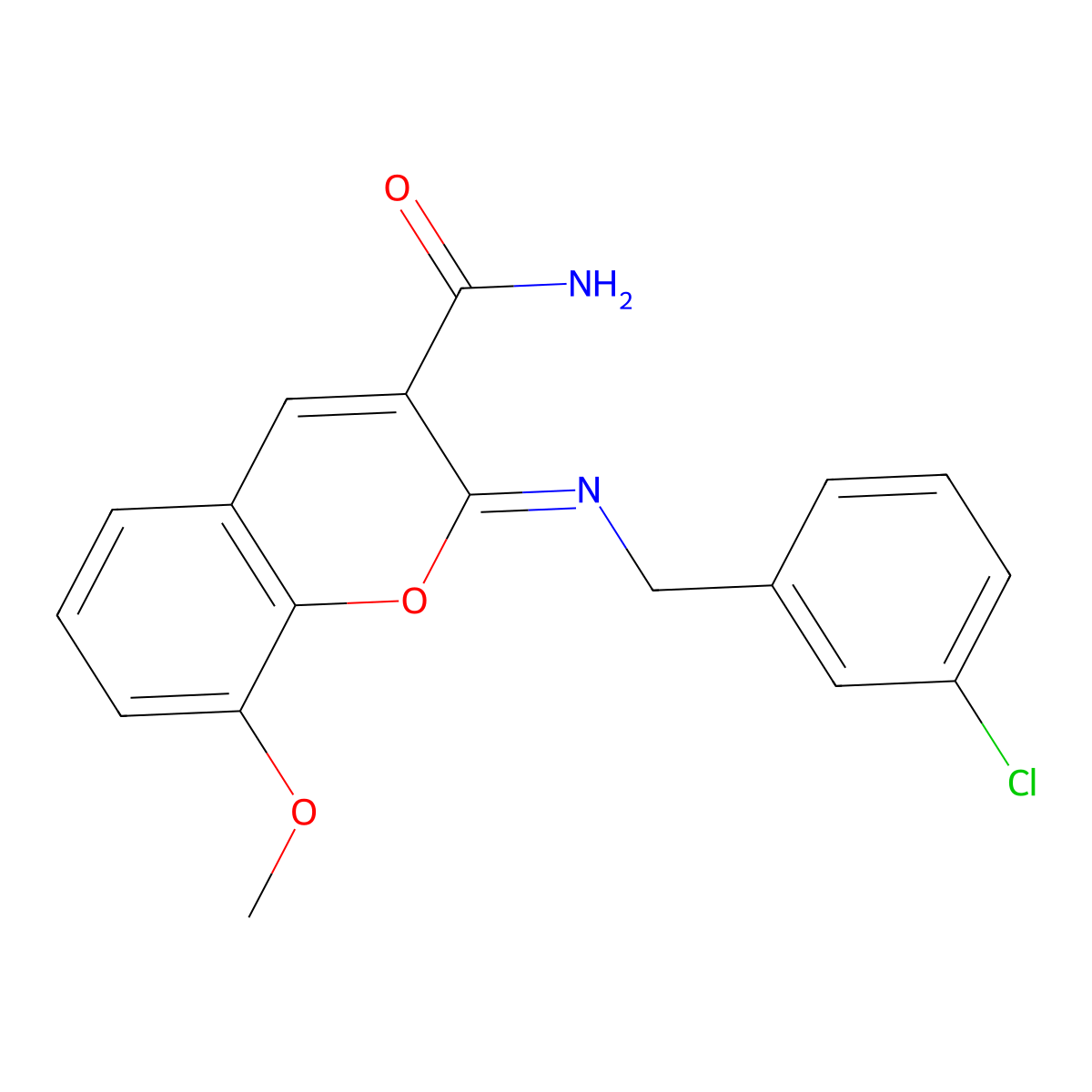 2-[(3-Chlorophenyl)methylimino]-8-methoxychromene-3-carboxamide molecular structure, CAS 310451-10-6