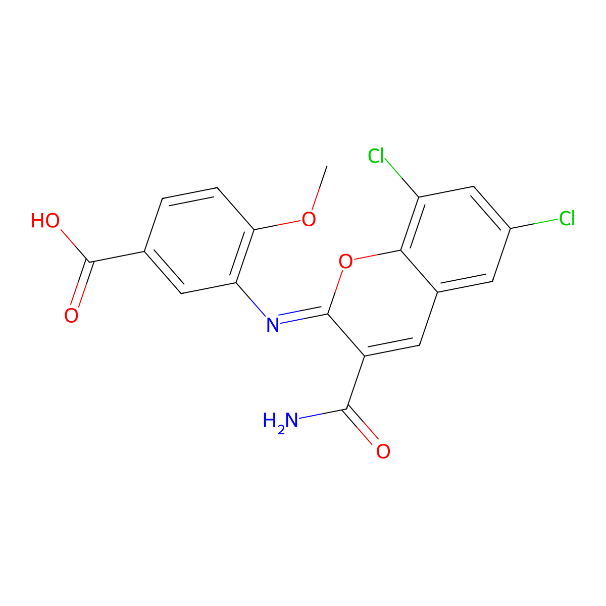 3-{[(2Z)-3-carbamoyl-6,8-dichloro-2H-chromen-2-ylidene]amino}-4-methoxybenzoic acid molecular structure, CAS 310451-12-8