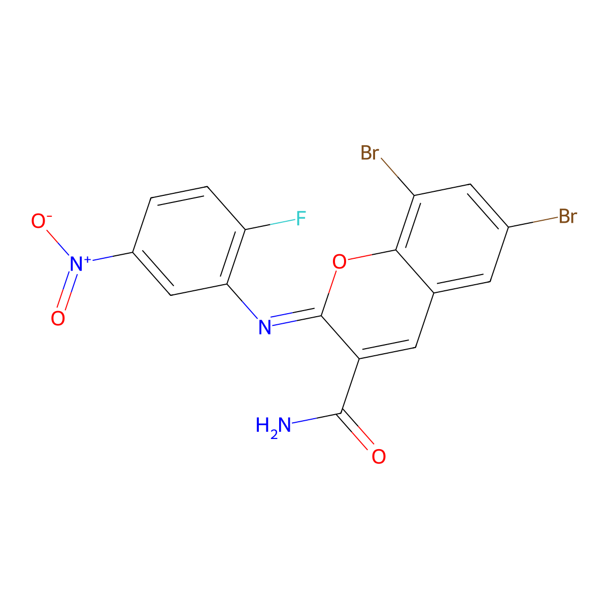 (2Z)-6,8-dibromo-2-[(2-fluoro-5-nitrophenyl)imino]-2H-chromene-3-carboxamide molecular structure, CAS 310451-14-0
