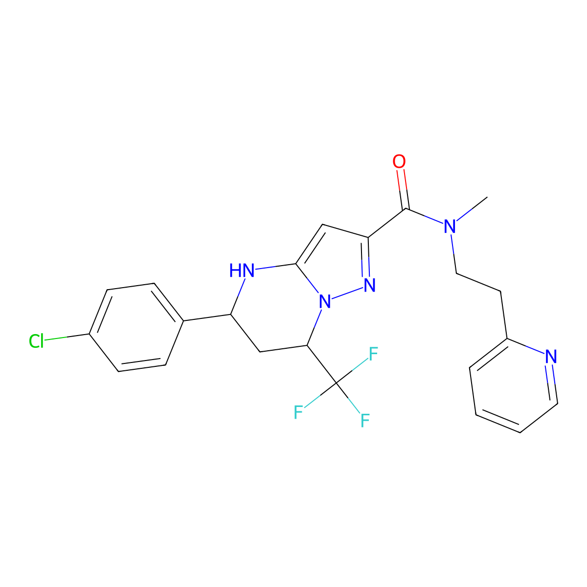 5-(4-chlorophenyl)-N-methyl-N-(2-(pyridin-2-yl)ethyl)-7-(trifluoromethyl)-4,5,6,7-tetrahydropyrazolo[1,5-a]pyrimidine-2-carboxamide molecular structure, CAS 310451-50-4