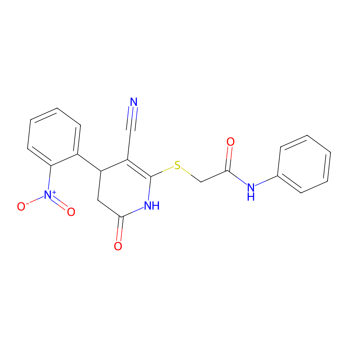 2-((3-cyano-4-(2-nitrophenyl)-6-oxo-1,4,5,6-tetrahydropyridin-2-yl)thio)-N-phenylacetamide molecular structure, CAS 310454-13-8