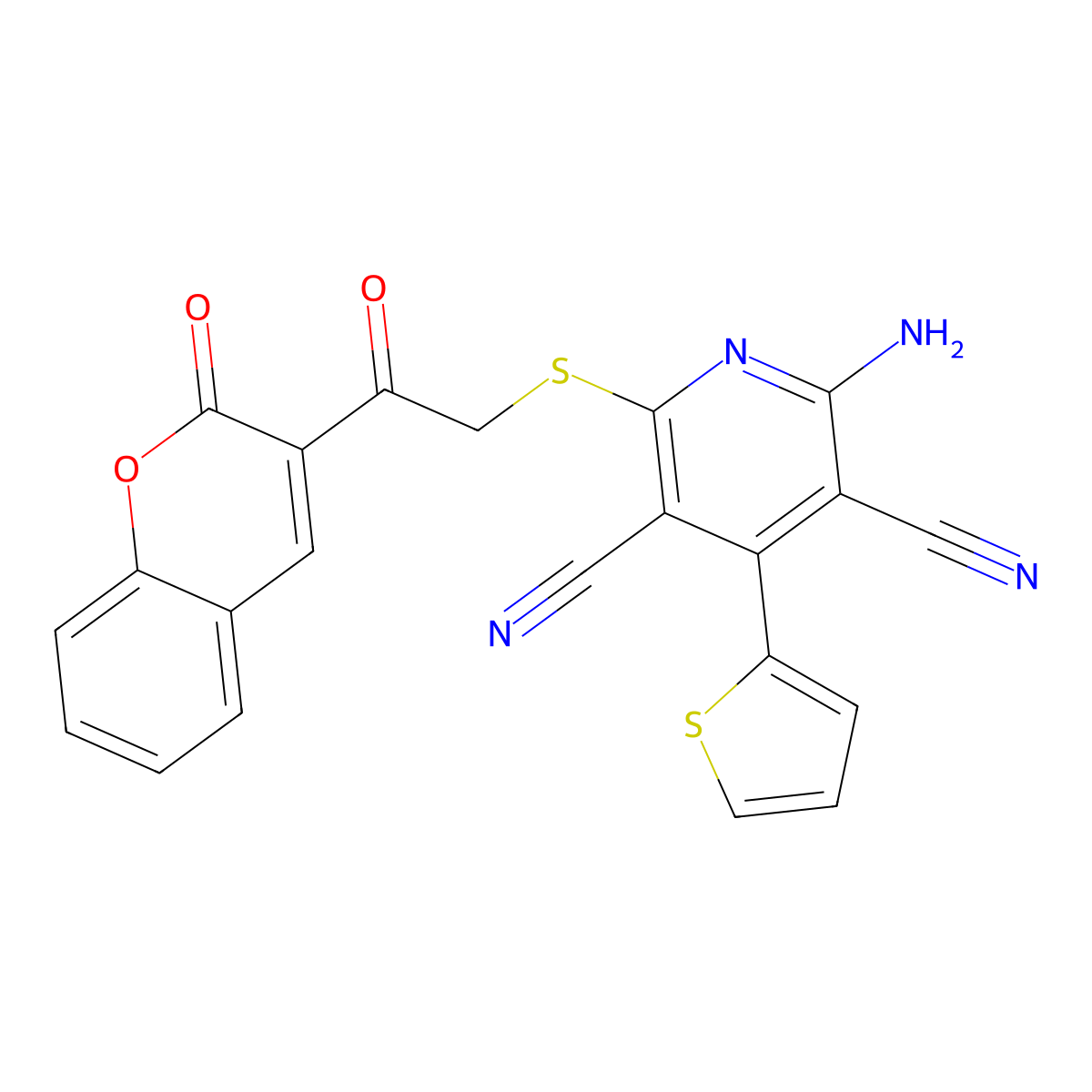 2-amino-6-((2-oxo-2-(2-oxo-2H-chromen-3-yl)ethyl)thio)-4-(thiophen-2-yl)pyridine-3,5-dicarbonitrile molecular structure, CAS 310454-14-9