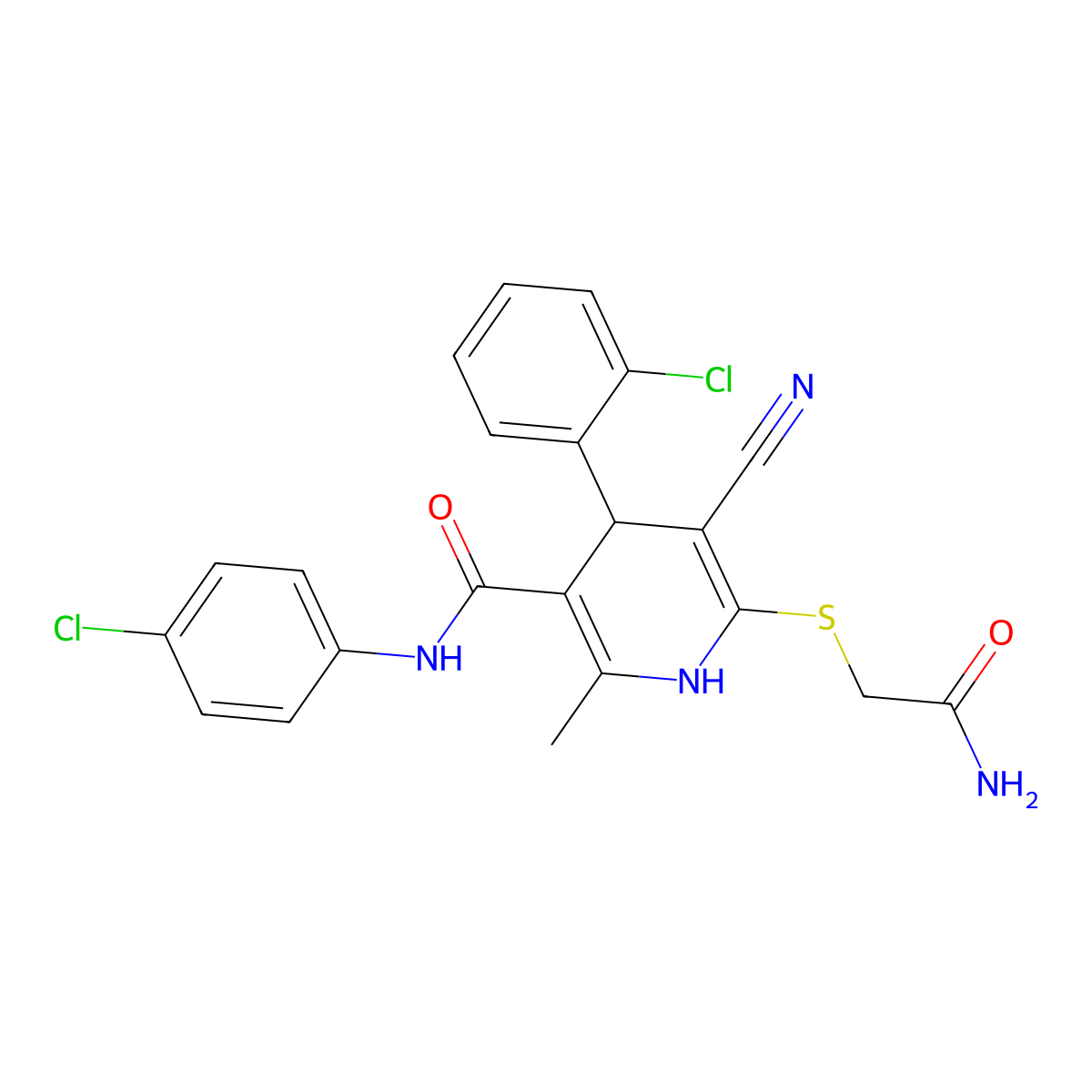 6-((2-amino-2-oxoethyl)thio)-4-(2-chlorophenyl)-N-(4-chlorophenyl)-5-cyano-2-methyl-1,4-dihydropyridine-3-carboxamide molecular structure, CAS 310454-30-9