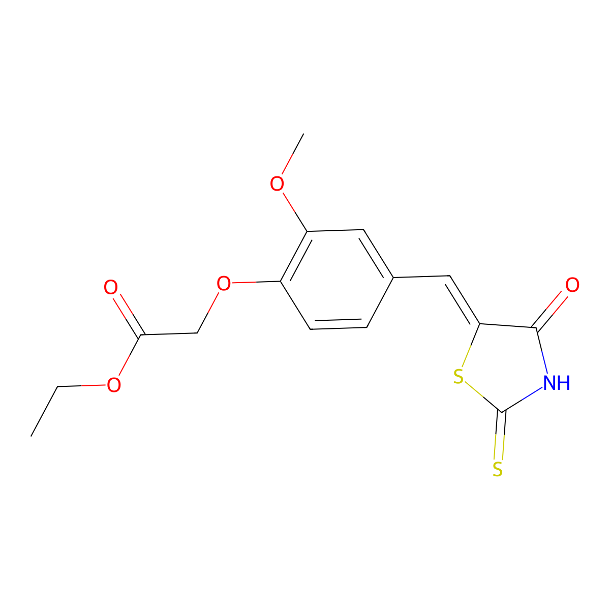 Ethyl 2-(2-methoxy-4-((4-oxo-2-thioxothiazolidin-5-ylidene)methyl)phenoxy)acetate molecular structure, CAS 310456-65-6
