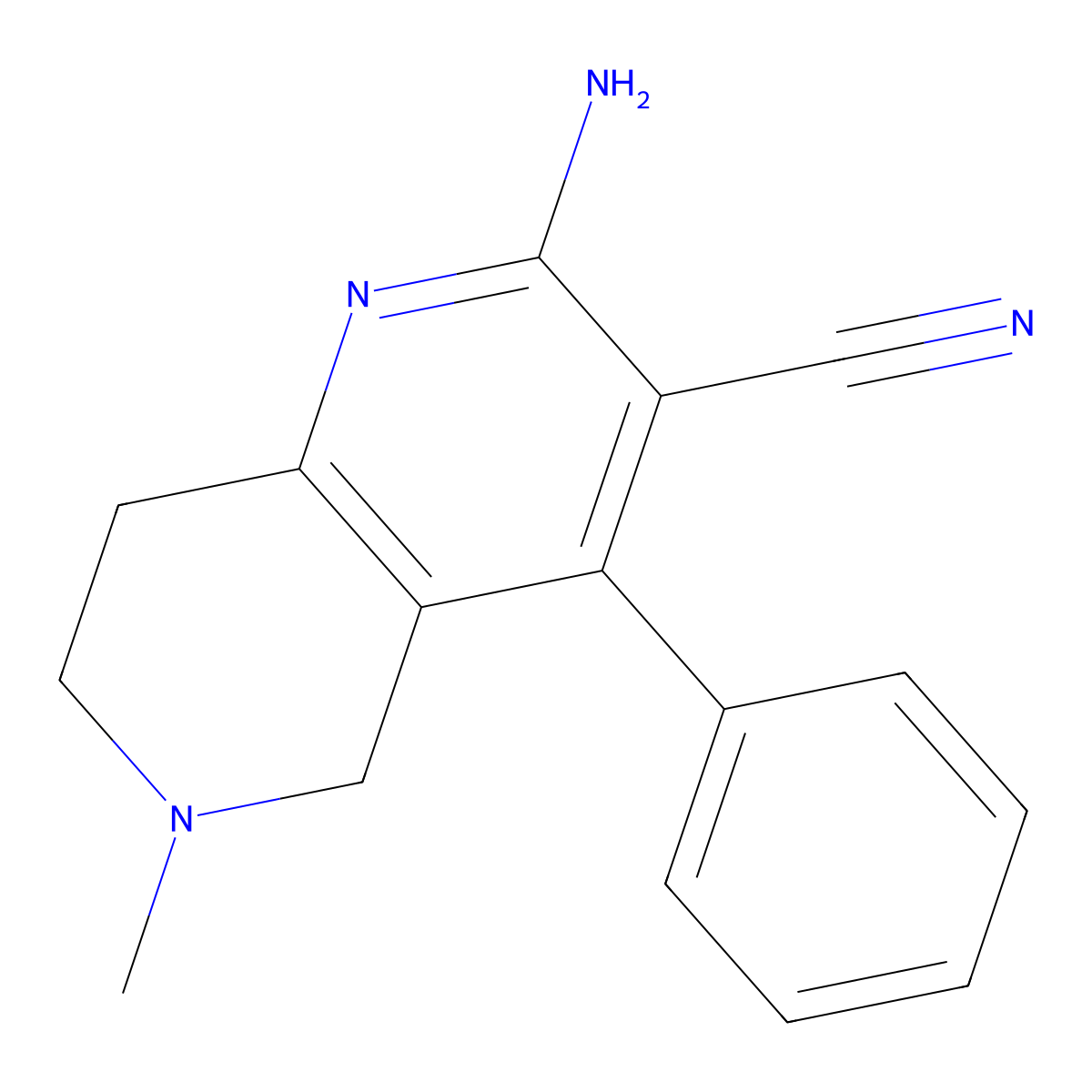 2-Amino-6-methyl-4-phenyl-5,6,7,8-tetrahydro-1,6-naphthyridine-3-carbonitrile molecular structure, CAS 310457-30-8