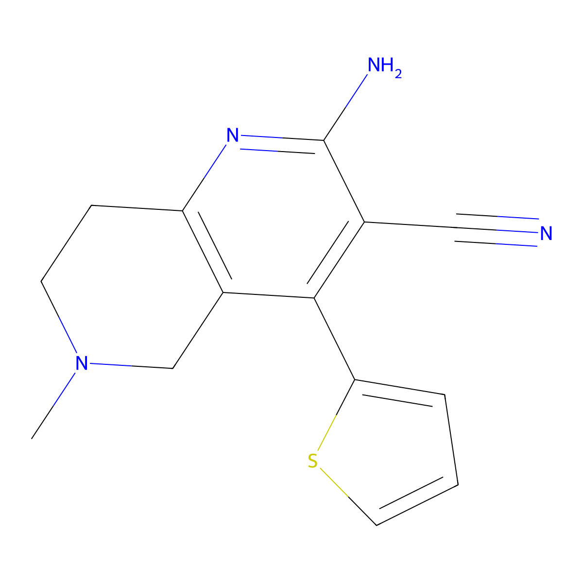 2-Amino-5,6,7,8-tetrahydro-6-methyl-4-(2-thienyl)-1,6-naphthyridine-3-carbonitrile molecular structure, CAS 310457-31-9