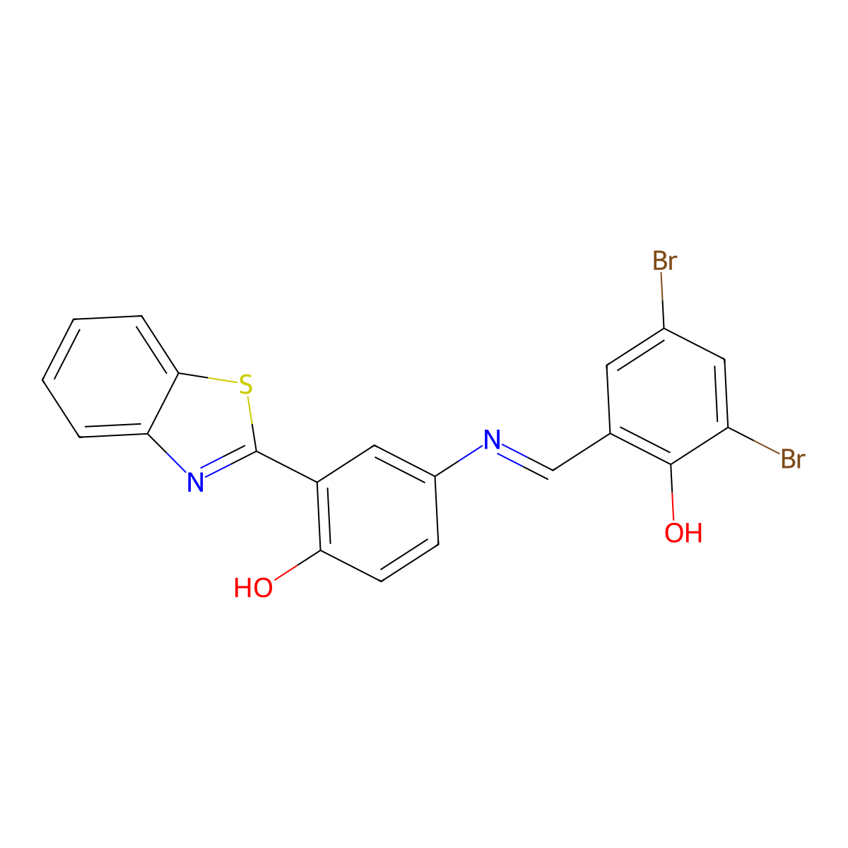 (E)-2-(((3-(benzo[d]thiazol-2-yl)-4-hydroxyphenyl)imino)methyl)-4,6-dibromophenol molecular structure, CAS 310459-37-1