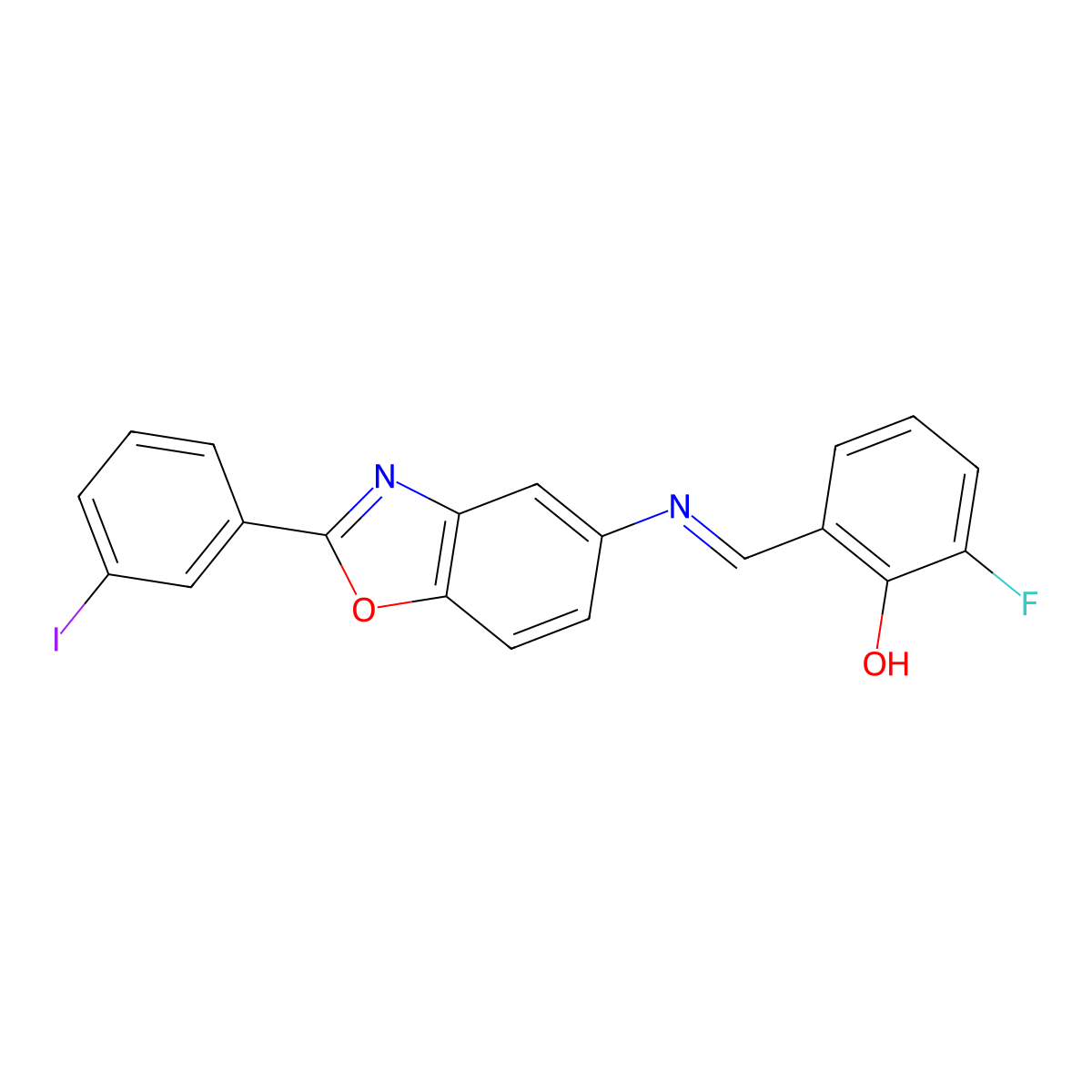 2-fluoro-6-[(E)-{[2-(3-iodophenyl)-1,3-benzoxazol-5-yl]imino}methyl]phenol molecular structure, CAS 310459-45-1
