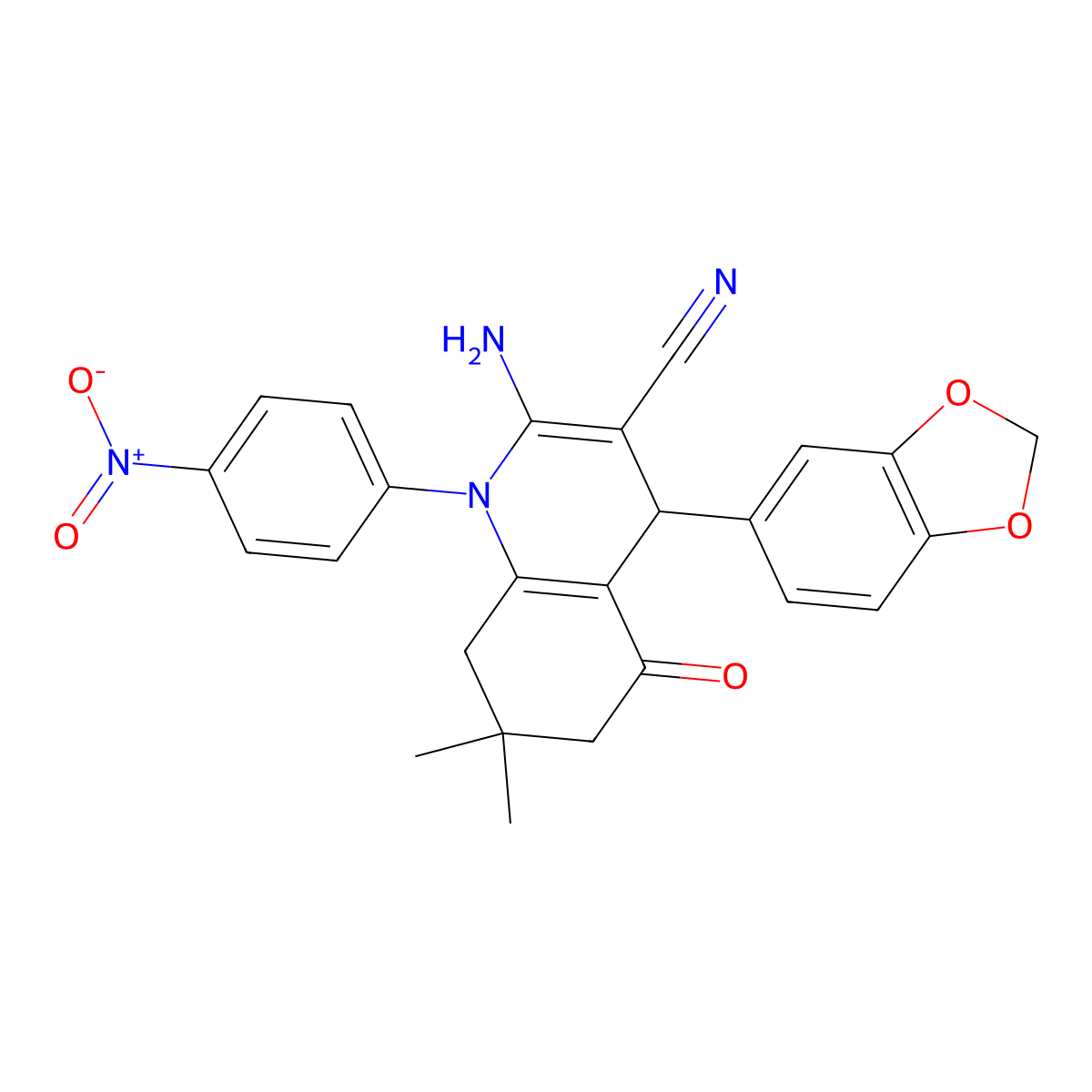 2-Amino-4-(1,3-benzodioxol-5-YL)-7,7-dimethyl-1-(4-nitrophenyl)-5-oxo-1,4,5,6,7,8-hexahydro-3-quinolinecarbonitrile molecular structure, CAS 311315-51-2