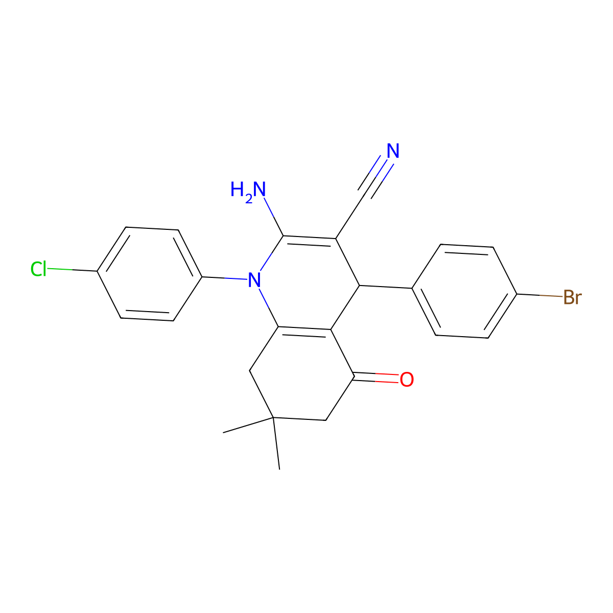 2-Amino-4-(4-bromophenyl)-1-(4-chlorophenyl)-7,7-dimethyl-5-oxo-1,4,5,6,7,8-hexahydro-3-quinolinecarbonitrile molecular structure, CAS 311315-55-6