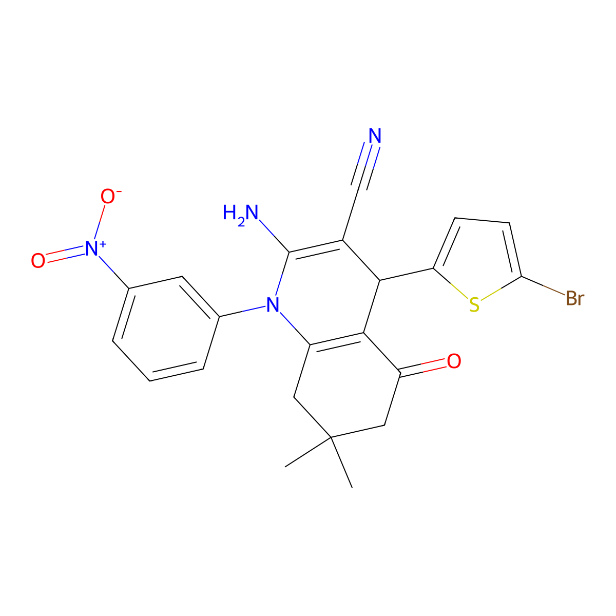 2-Amino-4-(5-bromo-2-thienyl)-7,7-dimethyl-1-(3-nitrophenyl)-5-oxo-1,4,5,6,7,8-hexahydro-3-quinolinecarbonitrile molecular structure, CAS 311315-59-0
