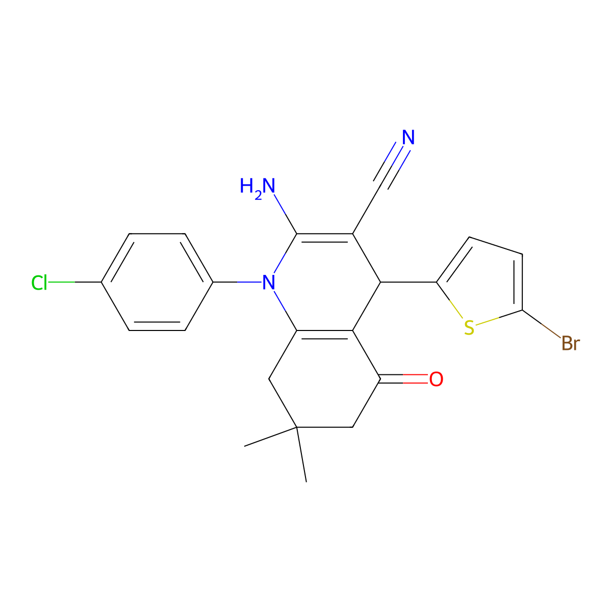 2-Amino-4-(5-bromo-2-thienyl)-1-(4-chlorophenyl)-7,7-dimethyl-5-oxo-1,4,5,6,7,8-hexahydro-3-quinolinecarbonitrile molecular structure, CAS 311315-60-3