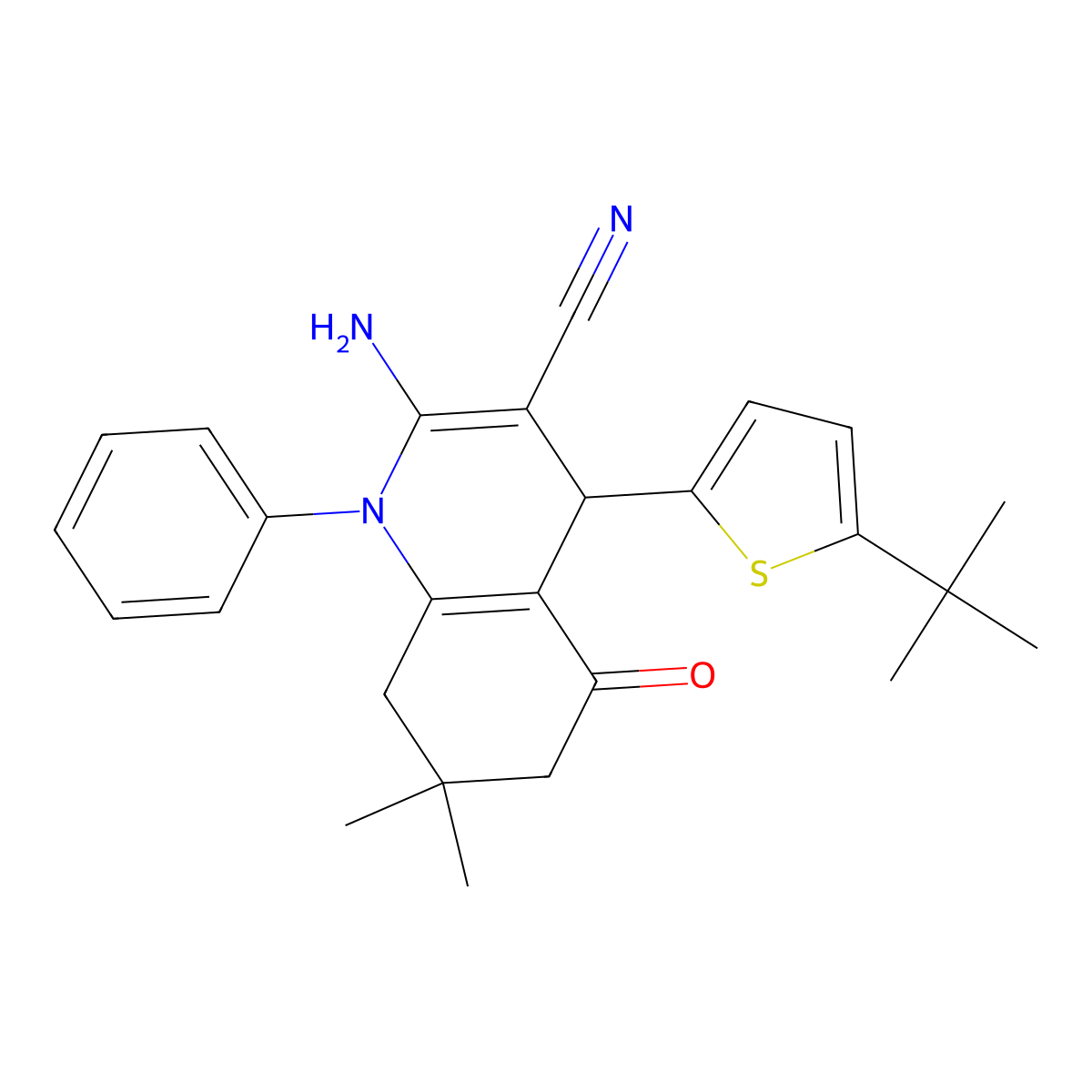 2-Amino-4-(5-tert-butyl-2-thienyl)-7,7-dimethyl-5-oxo-1-phenyl-1,4,5,6,7,8-hexahydro-3-quinolinecarbonitrile molecular structure, CAS 311315-61-4