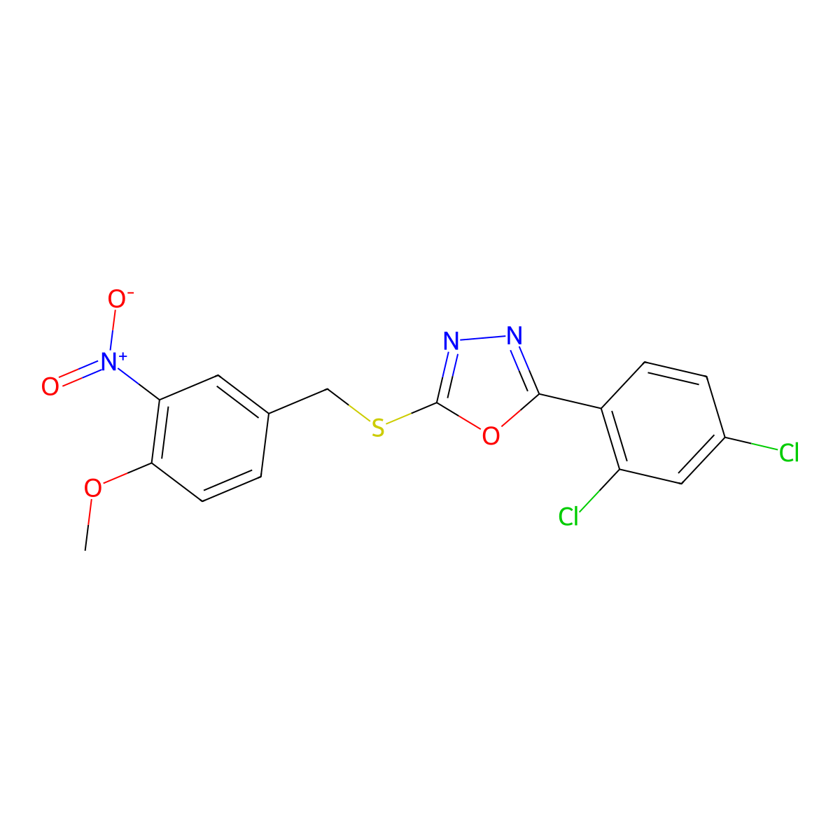 2-(2,4-Dichlorophenyl)-5-[(4-methoxy-3-nitrophenyl)methylsulfanyl]-1,3,4-oxadiazole molecular structure, CAS 311315-83-0