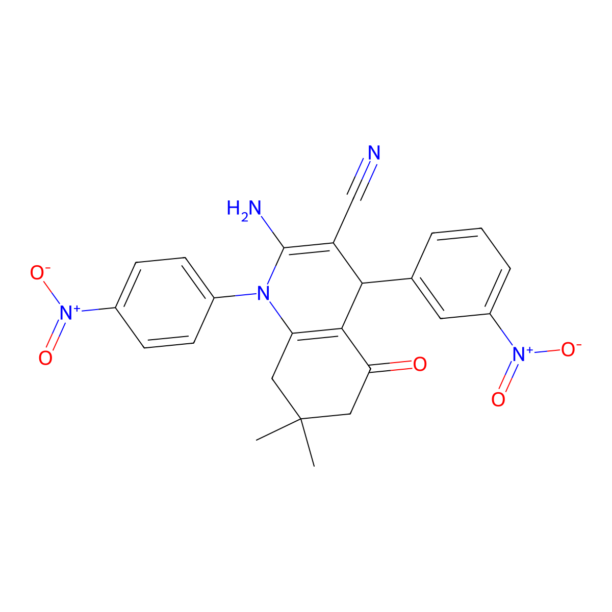 2-Amino-7,7-dimethyl-4-(3-nitrophenyl)-1-(4-nitrophenyl)-5-oxo-1,4,5,6,7,8-hexahydro-3-quinolinecarbonitrile molecular structure, CAS 311318-12-4