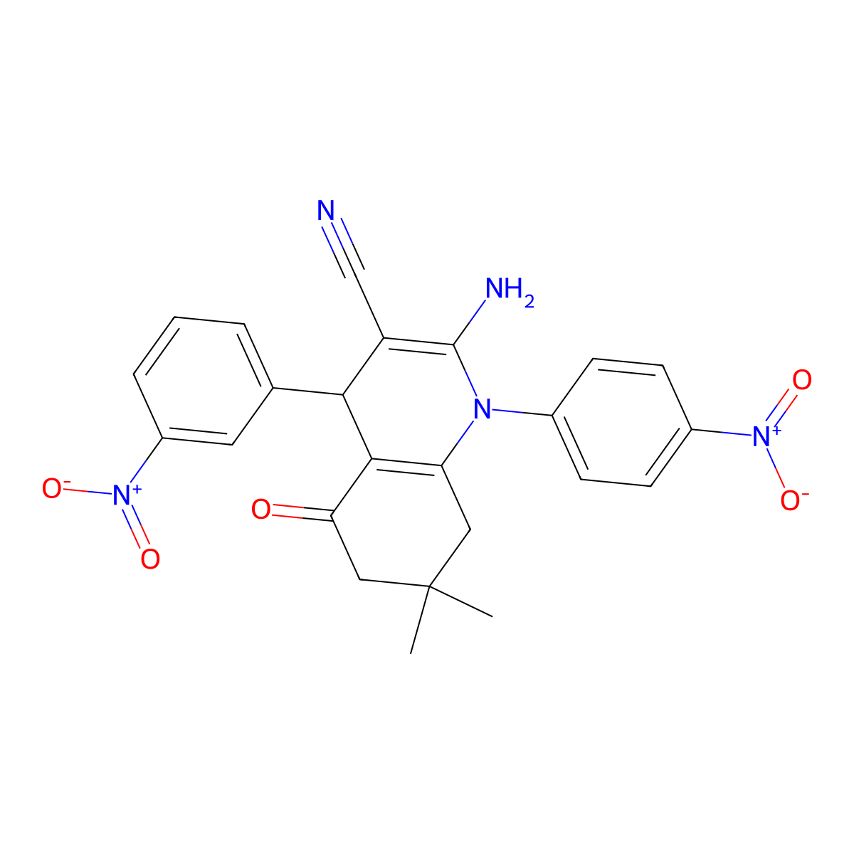 2-Amino-7,7-dimethyl-4-(3-nitrophenyl)-1-(4-nitrophenyl)-5-oxo-1,4,5,6,7,8-hexahydro-3-quinolinecarbonitrile molecular structure, CAS 311318-12-4