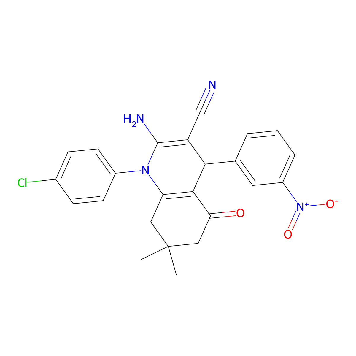 2-Amino-1-(4-chlorophenyl)-7,7-dimethyl-4-(3-nitrophenyl)-5-oxo-1,4,5,6,7,8-hexahydro-3-quinolinecarbonitrile molecular structure, CAS 311318-16-8
