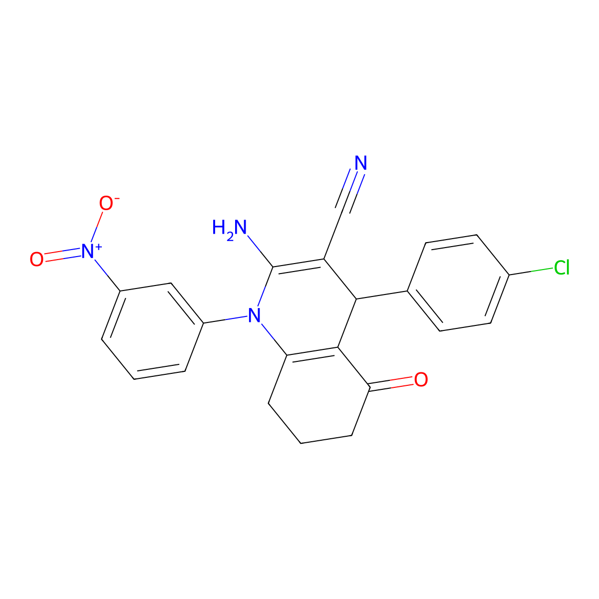 2-Amino-4-(4-chlorophenyl)-1-(3-nitrophenyl)-5-oxo-1,4,5,6,7,8-hexahydro-3-quinolinecarbonitrile molecular structure, CAS 311318-18-0