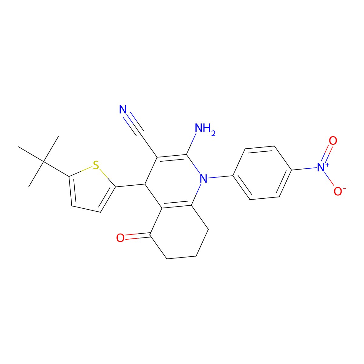 2-Amino-4-(5-tert-butylthiophen-2-yl)-1-(4-nitrophenyl)-5-oxo-4,6,7,8-tetrahydroquinoline-3-carbonitrile molecular structure, CAS 311318-19-1
