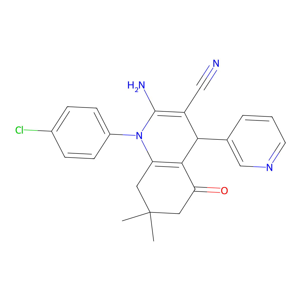 2-Amino-1-(4-chlorophenyl)-7,7-dimethyl-5-oxo-4-(3-pyridinyl)-1,4,5,6,7,8-hexahydro-3-quinolinecarbonitrile molecular structure, CAS 311318-20-4