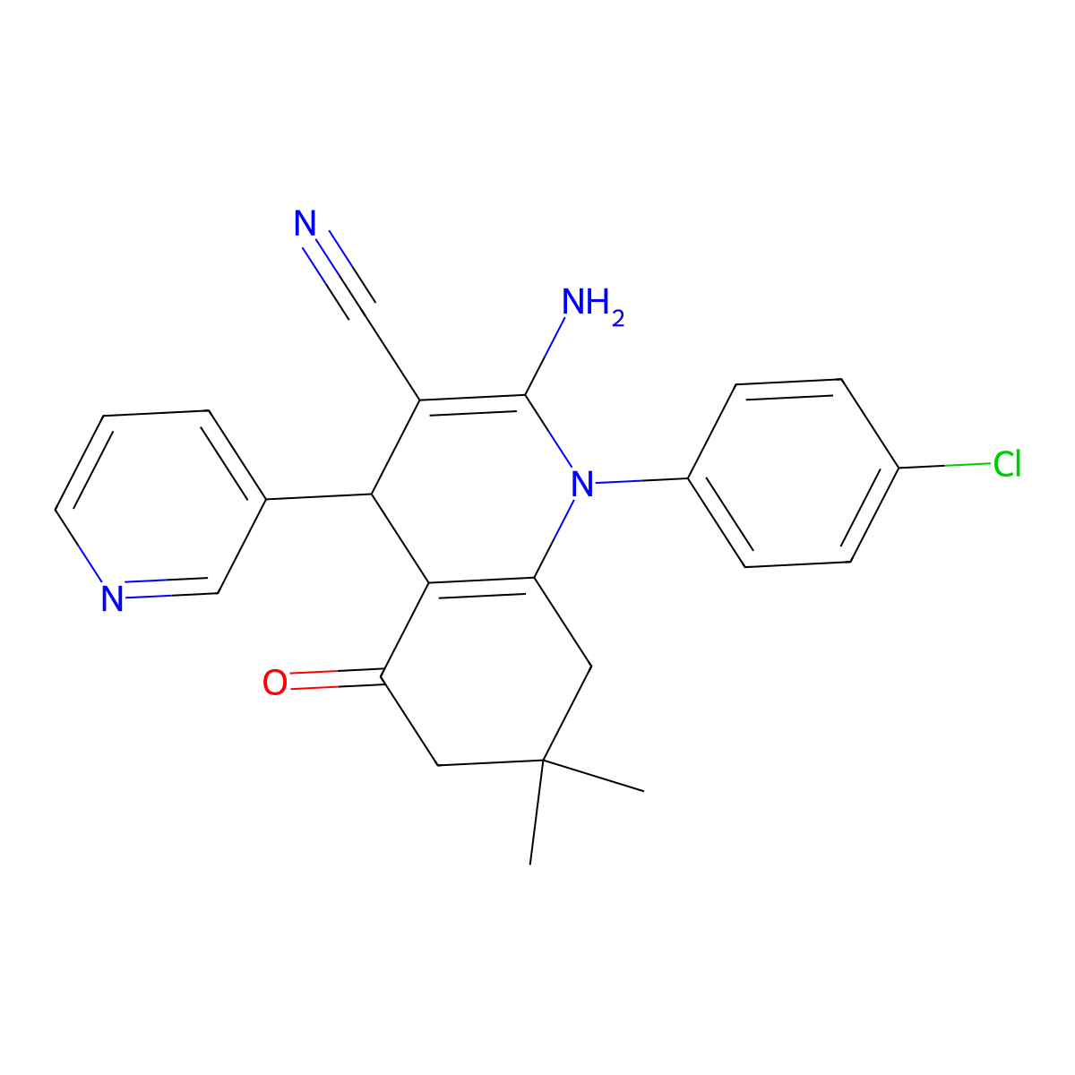 2-Amino-1-(4-chlorophenyl)-7,7-dimethyl-5-oxo-4-(3-pyridinyl)-1,4,5,6,7,8-hexahydro-3-quinolinecarbonitrile molecular structure, CAS 311318-20-4