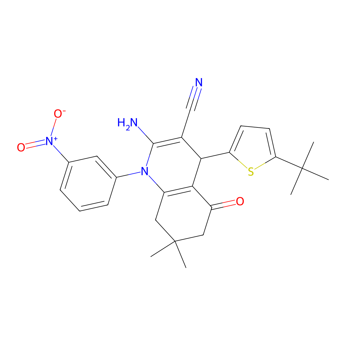 2-Amino-4-(5-tert-butyl-2-thienyl)-7,7-dimethyl-1-(3-nitrophenyl)-5-oxo-1,4,5,6,7,8-hexahydro-3-quinolinecarbonitrile molecular structure, CAS 311318-21-5