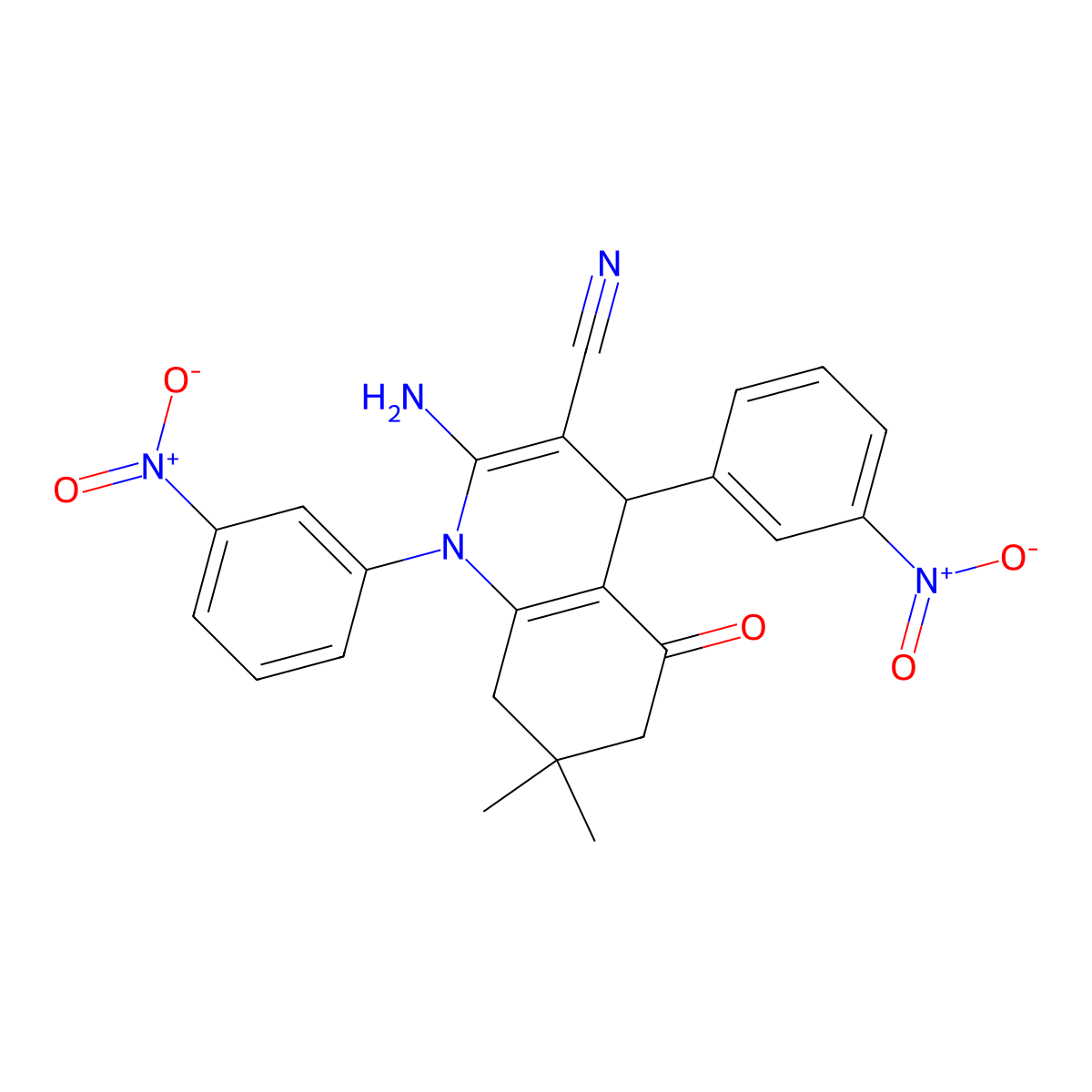 2-Amino-7,7-dimethyl-1,4-bis(3-nitrophenyl)-5-oxo-1,4,5,6,7,8-hexahydro-3-quinolinecarbonitrile molecular structure, CAS 311318-24-8