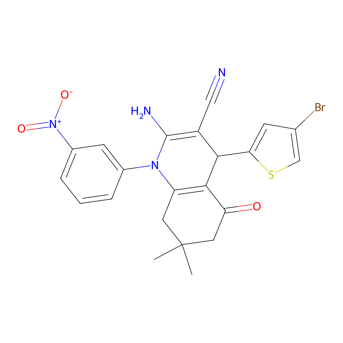 2-Amino-4-(4-bromo-2-thienyl)-7,7-dimethyl-1-(3-nitrophenyl)-5-oxo-1,4,5,6,7,8-hexahydro-3-quinolinecarbonitrile molecular structure, CAS 311318-26-0