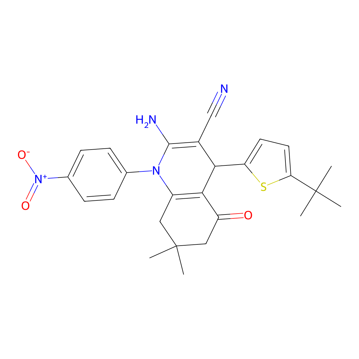 2-Amino-4-(5-tert-butyl-2-thienyl)-7,7-dimethyl-1-(4-nitrophenyl)-5-oxo-1,4,5,6,7,8-hexahydro-3-quinolinecarbonitrile molecular structure, CAS 311320-48-6